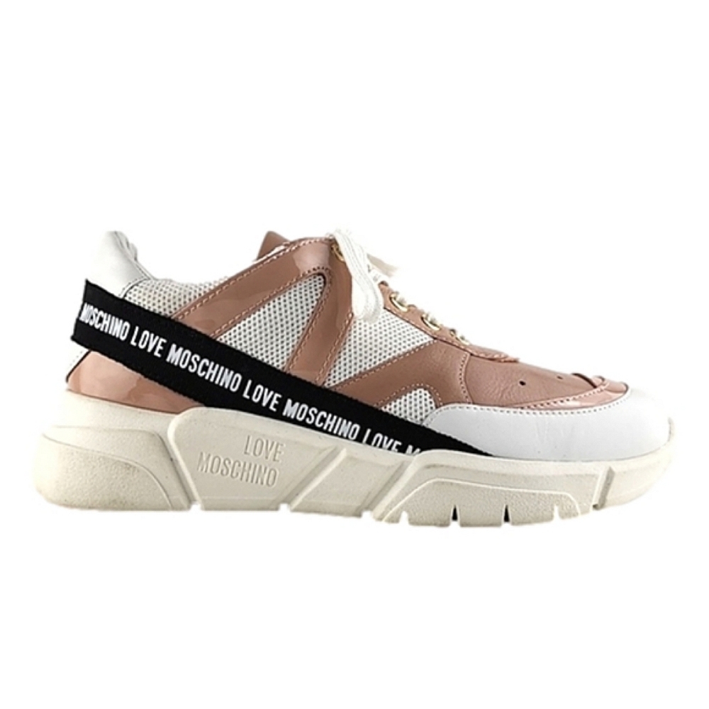 NWOT Love Moschino Women's Pink White Logo Tape Sneakers 40